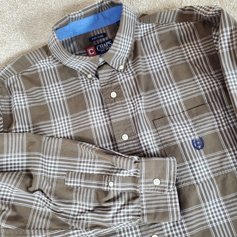 CHAPS β Men's Button Down Shirt Brown Plaid Size XL Long Sleeve